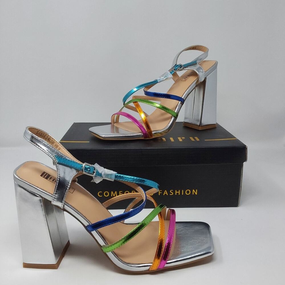 DIFU Women's Silver Rainbow Strappy Block Heel Sandals US 9 NIB Metallic